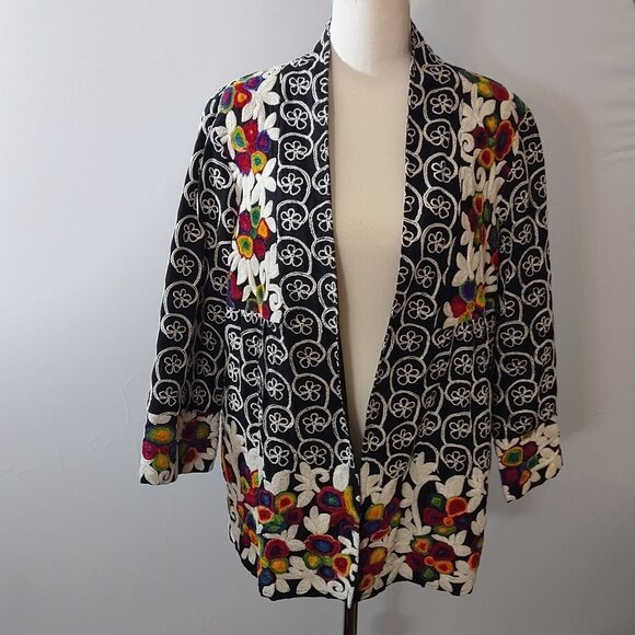 Soft Surroundings  Black & Multicolor Embroidered Open Front Jacket-MEDIUM - Picture 1 of 7